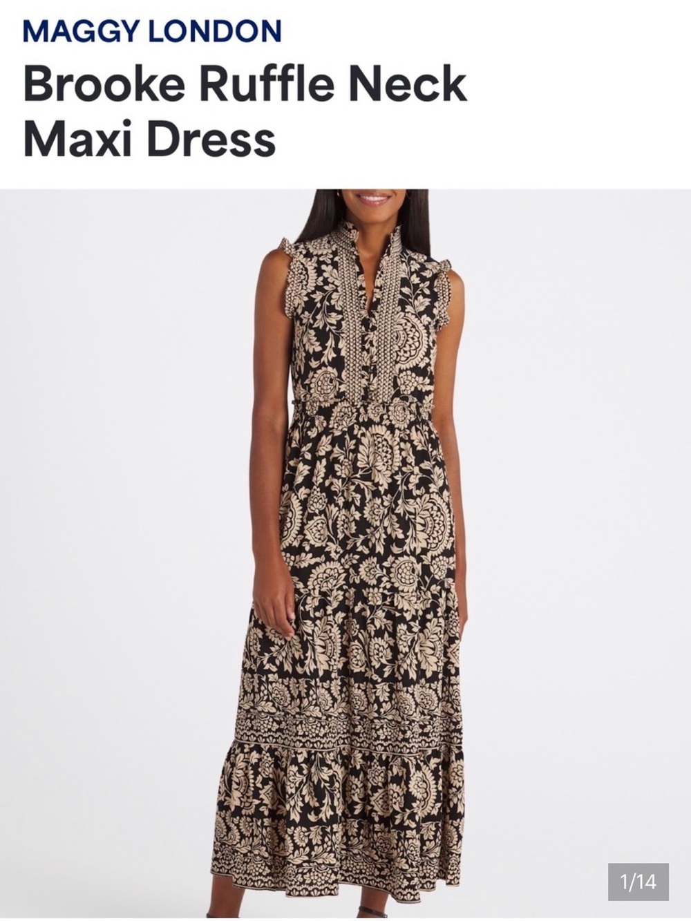 Maggy London Black & Cream Floral Midi Dress with Ruffle Sleeves - size 12